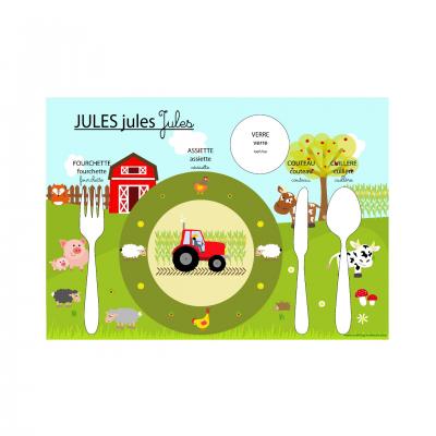 Set de table pédagogique, thème animaux de la ferme, tons vert et bleu.