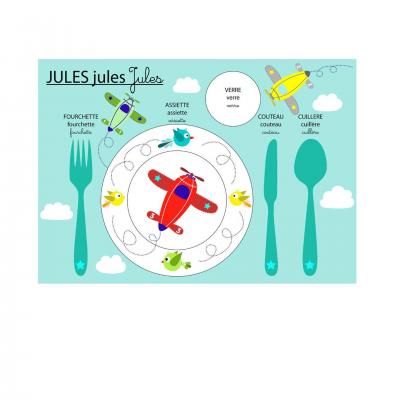 Set de table pédagogique, set de table enfant, thème avion, tons bleu, rouge, jaune