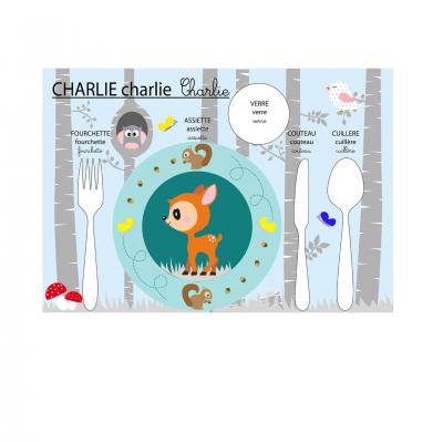 Set de table pédagogique, set de table enfant, thème bouleau, petit faon, tons bleu et gris