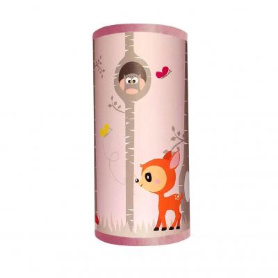 Lampe de chevet fille, thème forêt de bouleau, faon, écureuil, tons rose et gris.