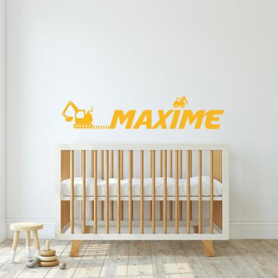 Autocollant prénom, sticker mural pour chambre de garçon, camion de chantier.