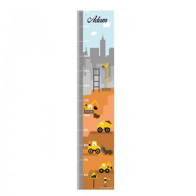 Toise personnalisable enfant, thème camions de chantier, tons jaune et gris.