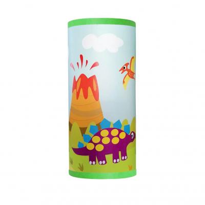 Lampe de chevet tube garçon, thème dinosaures, tons vert et rouge.