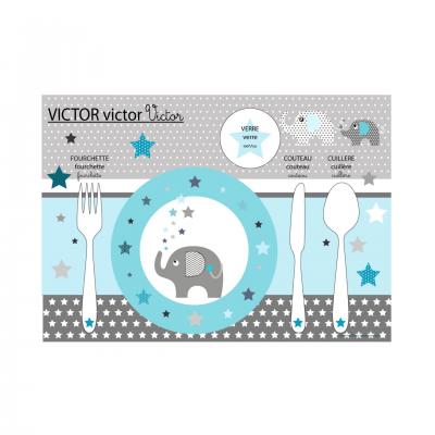 Set de table pédagogique, set de table enfant, thème éléphant, tons bleu et gris