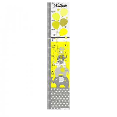 Toise personnalisable enfant, thème éléphant, tons jaune et gris.
