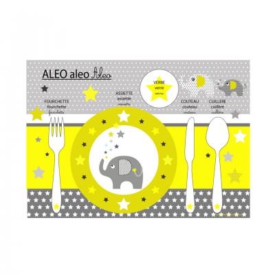 Set de table pédagogique, set de table enfant, thème éléphant, tons jaune et gris