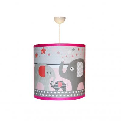 Abat-jour fille, thème éléphants, tons rose et gris.