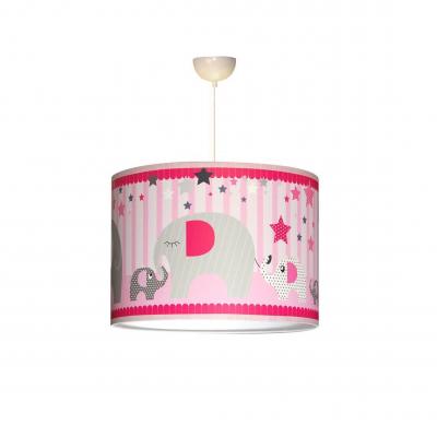 Abat-jour enfant, thème éléphant rose, tons rose et gris.