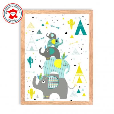 Tableau garçon, thème éléphant, tipi, indien, cactu, affiche chambre garçon, tons bleu, jaune, mint