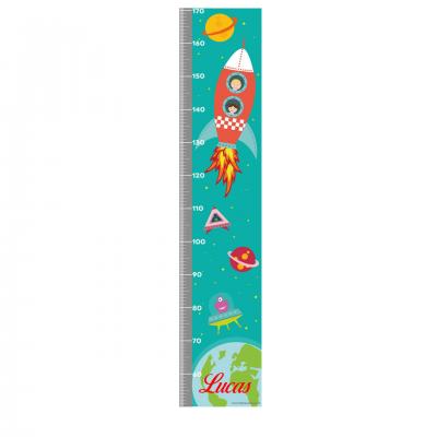Toise personnalisable enfant  thème fusée espace couleurs bleu et rouge.