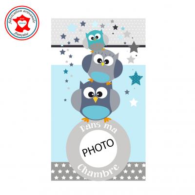 Plaque de porte pour chambre enfant, thème hiboux, tons bleu gris,avec photo à insérer