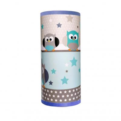 Lampe enfant, motif hiboux, tons bleu et gris.
