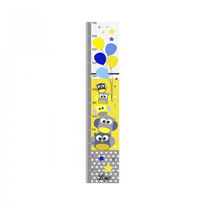 Toise personnalisable enfant, thème hiboux, tons bleu et jaune.