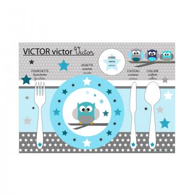 Set de table pédagogique, set de tasble enfant, thème hiboux, tons bleu et gris