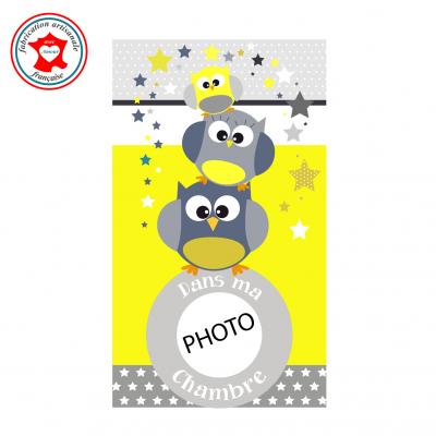 Plaque de porte pour chambre enfant, thème hiboux, tons jaune gris,avec photo à insérer
