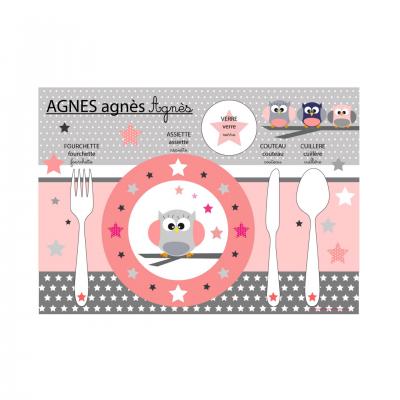 Set de table pédagogique, set de tasble enfant, thème hiboux, tons rose et gris