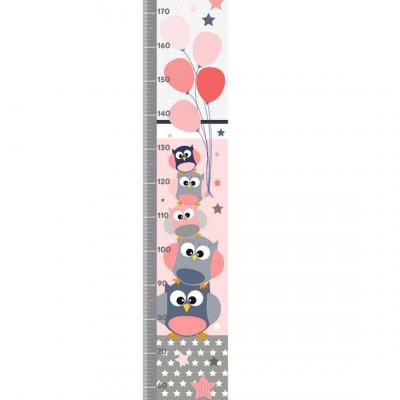 Toise personnalisable enfant, thème hiboux, tons rose, gris.