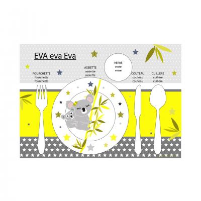 Set de table pédagogique, set de table enfant, thème koala, tons jaune et gris