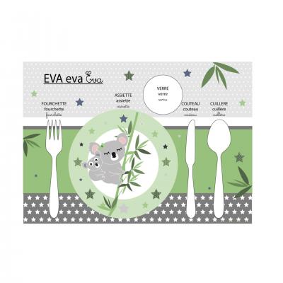 Set de table pédagogique, set de table enfant, thème koala, tons vert et gris
