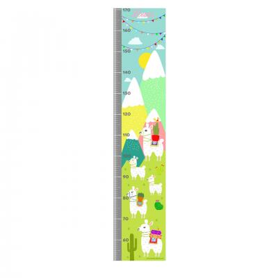 Toise personnalisée fille, décoration murale pour enfant, thème lama, tons rose et vert.