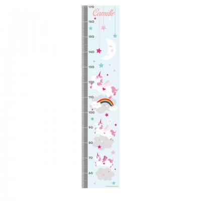 Toise personnalisable fille,  thème licorne, tons rose et bleu.