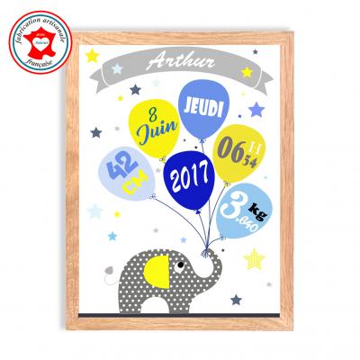Tableau naissance garçon, thème éléphant, tableau à personnaliser, cadeau de naissance, décoration chambre garçon bleu et jaune