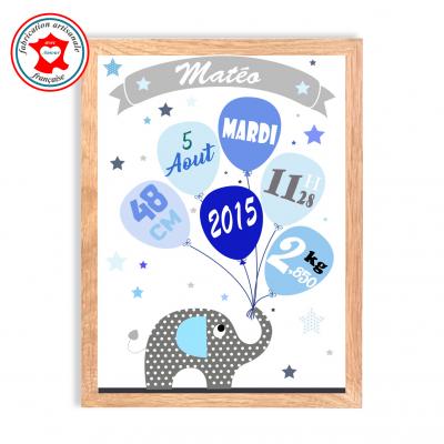Tableau naissance garçon, thème éléphant, tableau à personnaliser, cadeau de naissance, décoration chambre garçon bleu