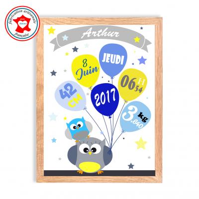 Tableau naissance garçon, thème hiboux, tableau à personnaliser, cadeau de naissance, décoration chambre garçon bleu et jaune