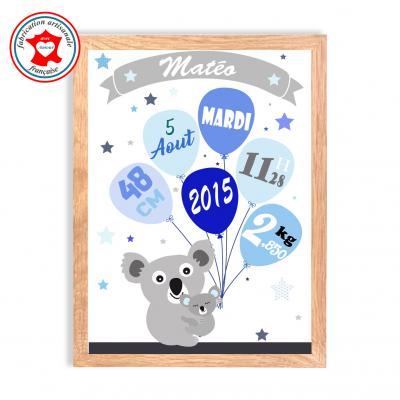 Tableau naissance garçon, thème koala, tableau à personnaliser, cadeau de naissance, décoration chambre garçon bleu