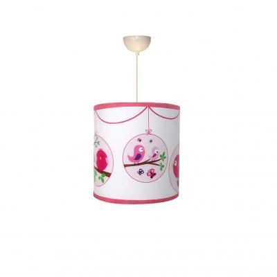 Abat-jour fille, thème oiseaux, tons rose et blanc.