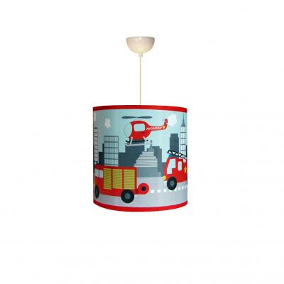 Abat-jour garçon, thème les Pompiers, tons rouge et gris.