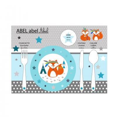 Set de table pédagogique, set de table enfant, thème renard, tons bleu et gris
