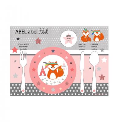 Set de table pédagogique, set de table enfant, thème renard, ton rose et gris