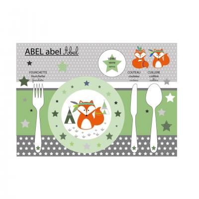 Set de table pédagogique, set de table enfant, thème renard, tons vert et gris
