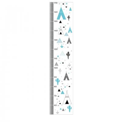 Toise garçon, décoration murale pour chambre d'enfant, thème tipi, cactus, tons bleu et gris.