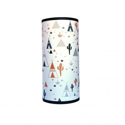 Lampe de chevet tube, motif tipi cactus, tons noir, caramel et gris