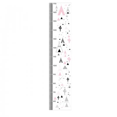 Toise fille, décoration murale pour chambre d'enfant, thème tipi, cactus, tons rose et gris.