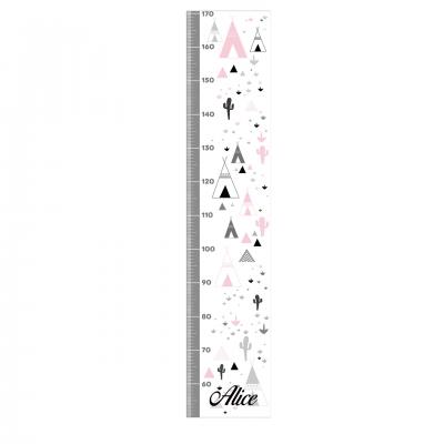 Toise personnalisable fille, thème tipi, cactus, tons rose et gris.
